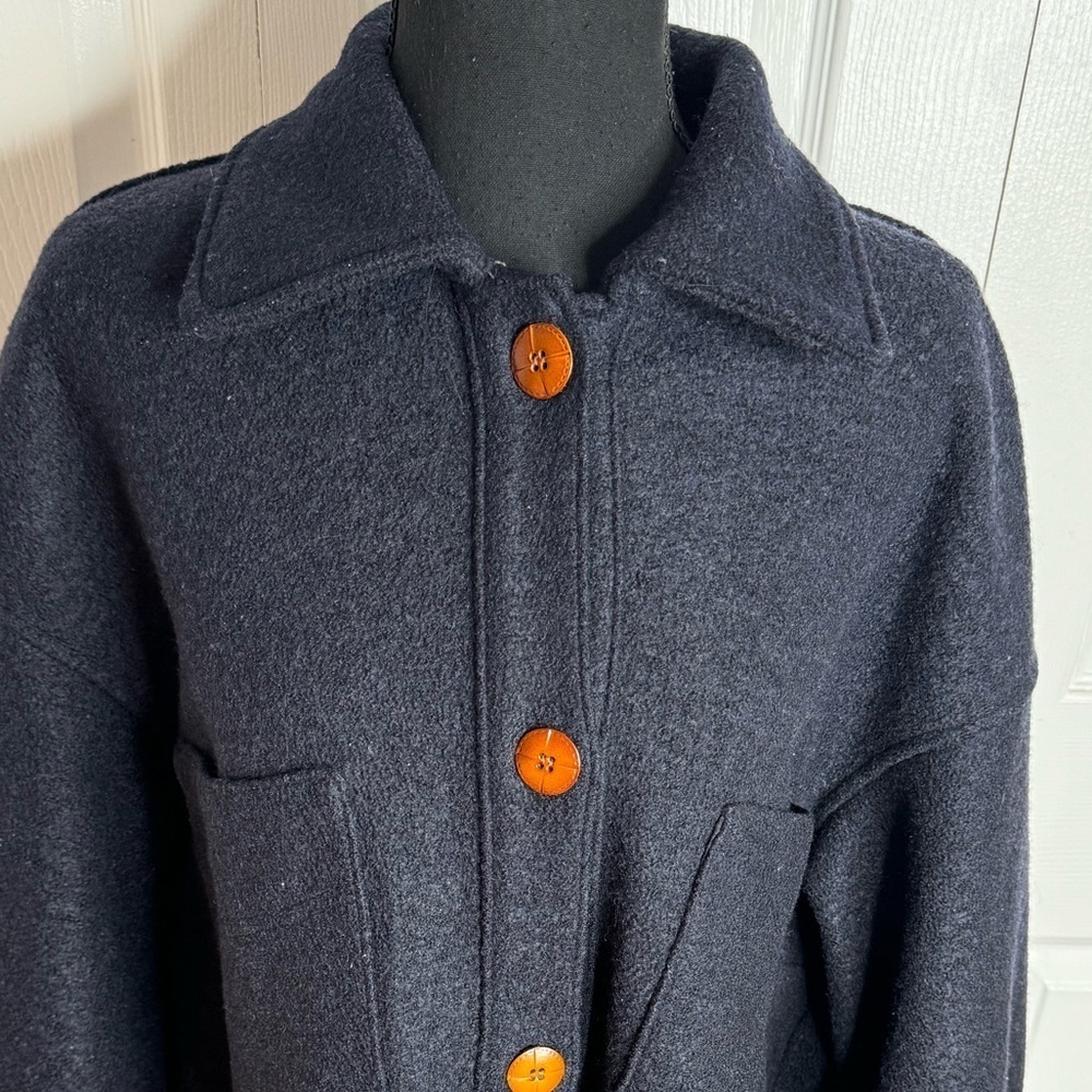 H&M Italian Wool Navy Blue Coat Jacket Women Size 12 Button Nova Fides Italy - Picture 3 of 4